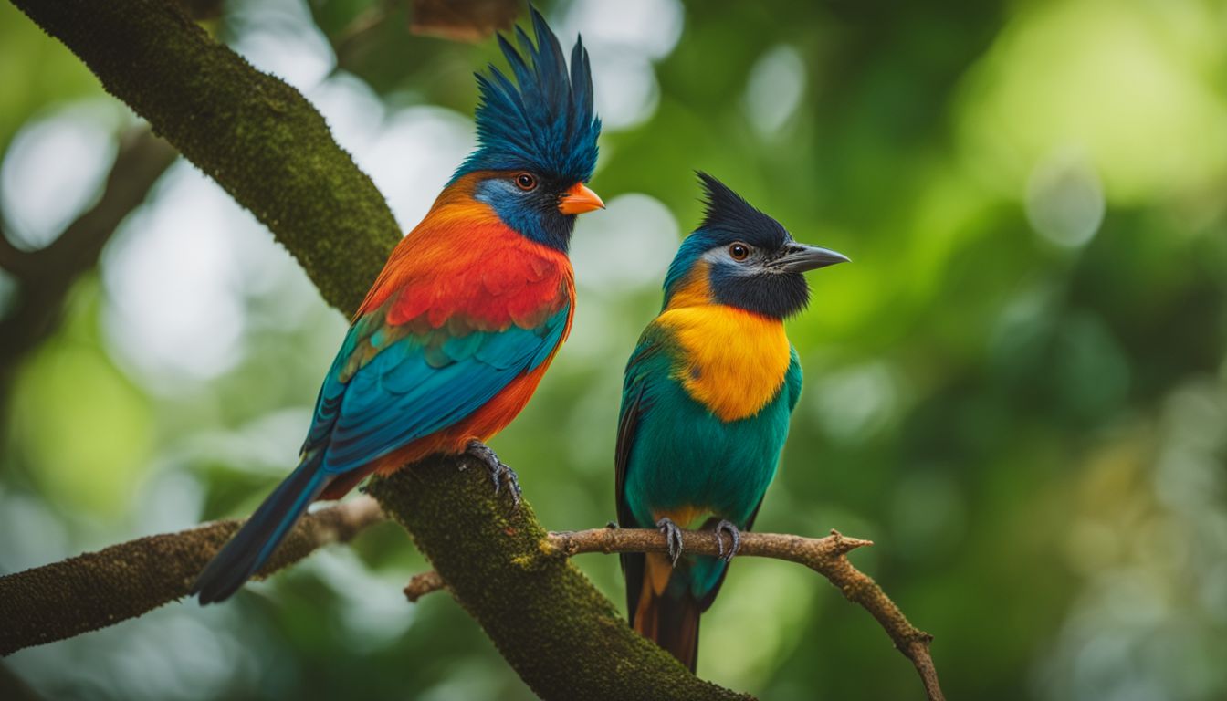 A colorful bird perched on a lush tree branch in a wildlife setting.