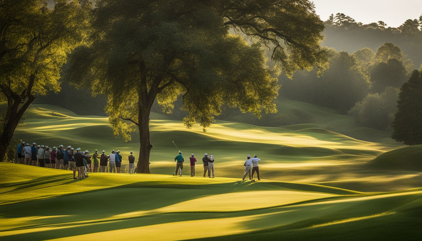 Golfers teeing off on lush green fairway in a bustling atmosphere.