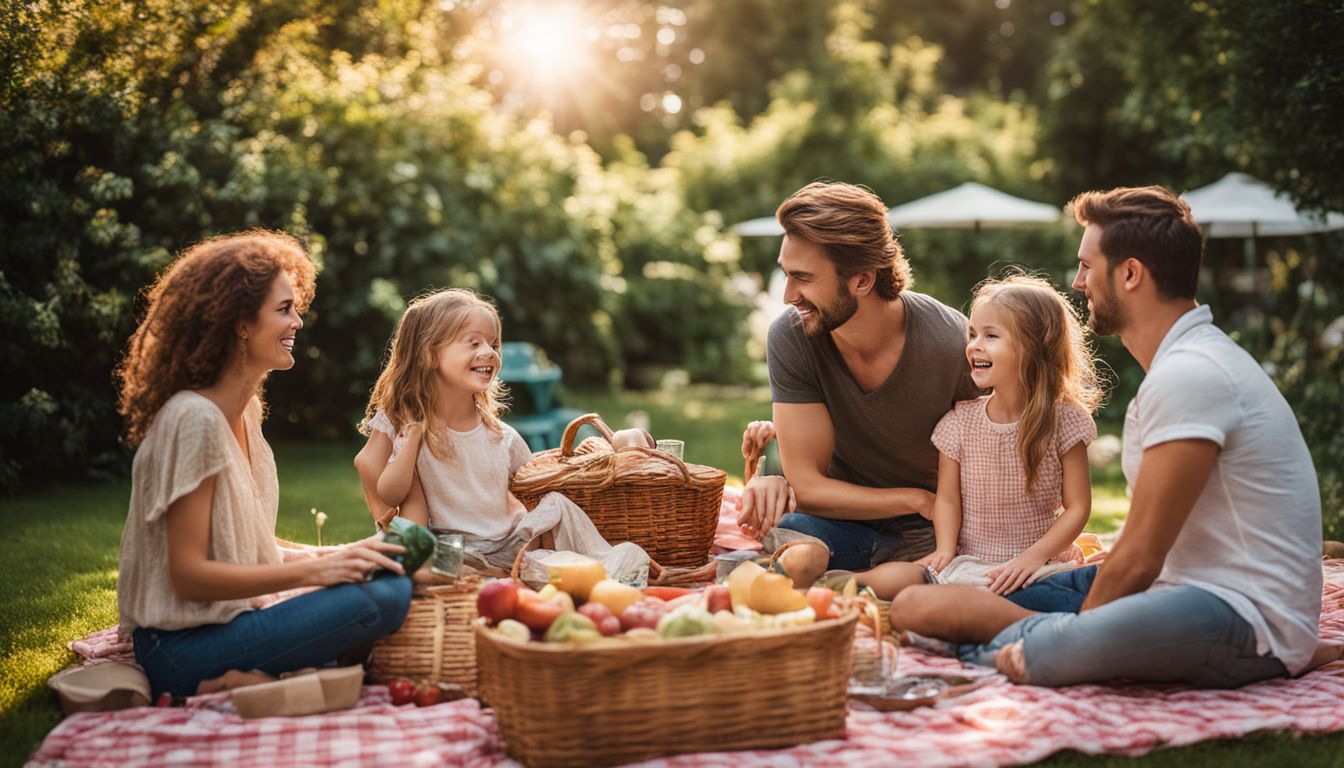 A family enjoying a picnic in a lush garden.