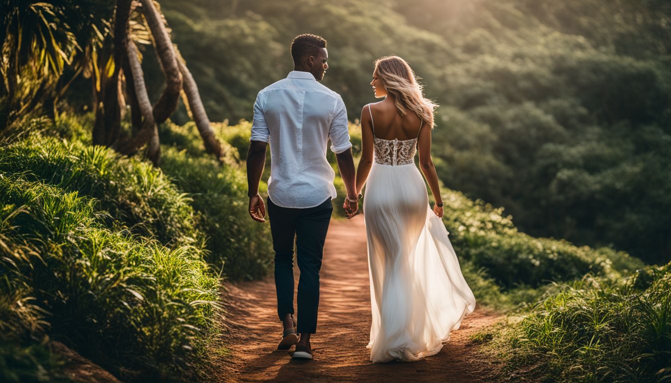 A couple taking a stroll through the lush Zimbali Estate.