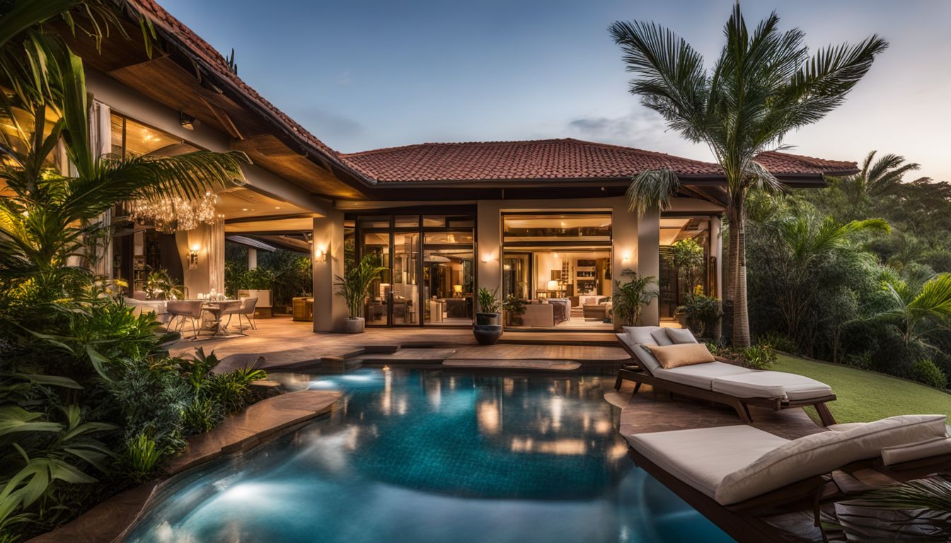 A luxurious Zimbali holiday home surrounded by lush tropical landscapes and people.