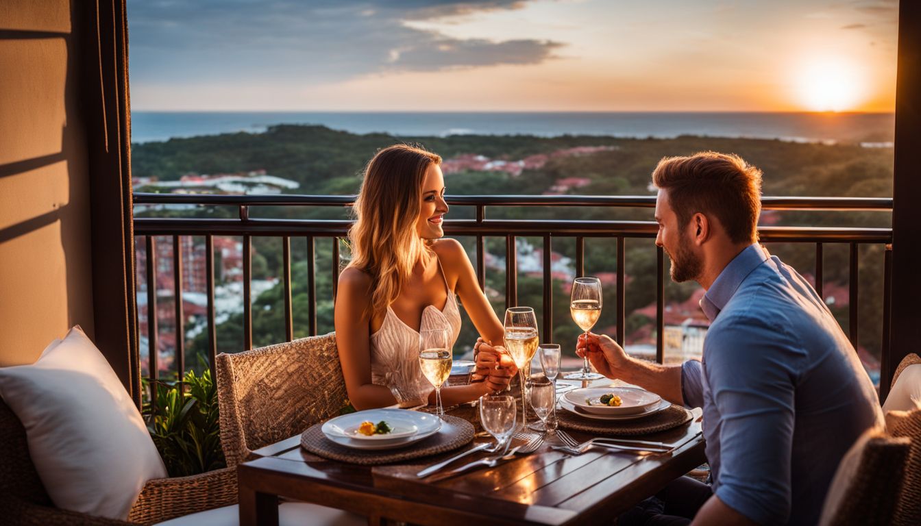 A couple enjoying a romantic sunset dinner on a resort balcony.
