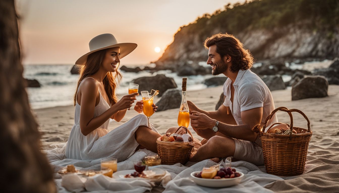A couple enjoying a sunset picnic on a private beach surrounded by luxury.